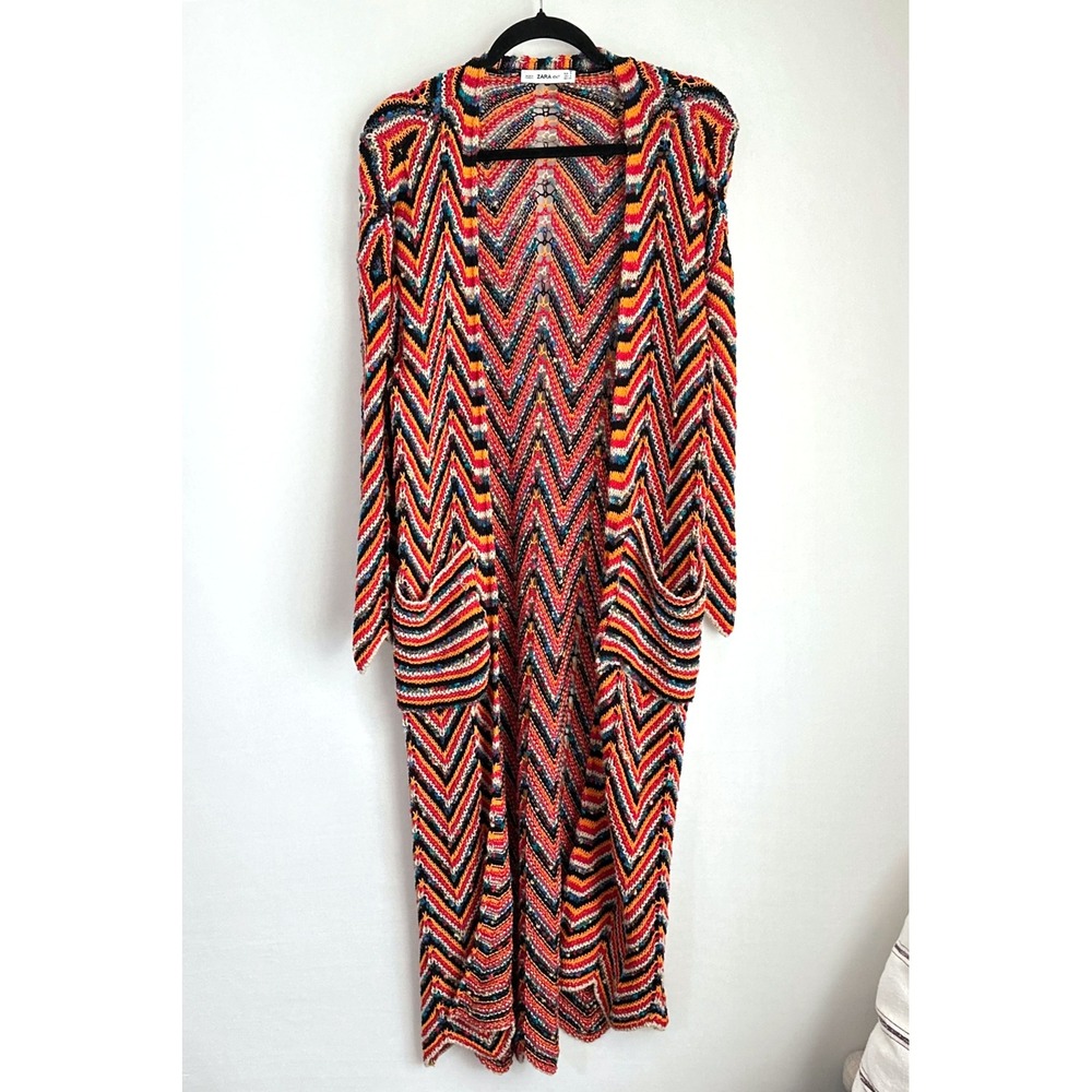 Zara‎ Knit Duster Cardigan Long Chevron Multicolor Zig Zag Linen Crochet Retro S